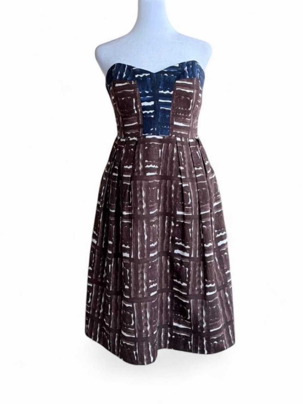 Milly Strapless Brown & Navy Printed Sweetheart Knee Length Dress
